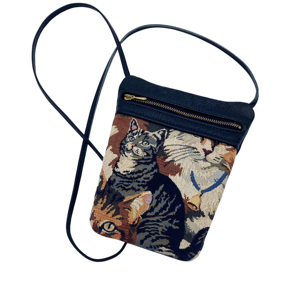 Vintage Crossbody Bag Small Black Leather Cat Tapestry Pouch Kitten Cottagecore